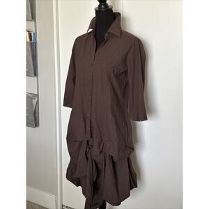 ZASHI 1/2 Sleeve Collared Lagenlook cinched hem Midi brown dress Small